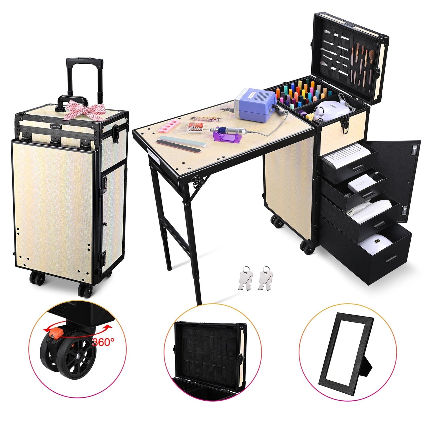 BYOOTIQUE Rolling Manicure Table Nail Station with Handle Foldable Nail Table Rolling Makeup Case with 4 Drawers Traveling Manicure Case on Wheels for Nail Tech, ForgetMeNot Apricot