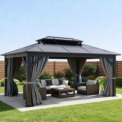 DWVO 10x12ft Gazebo Hardtop Double Roof Polycarbonate Canopy Outdoor with Netting and Shaded Curtains, Metal Frame Garden Tent for Patio, Backyard, Deck and Lawns, Gray