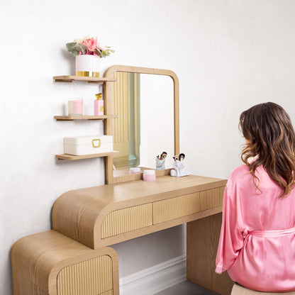ZETY HOME Fluted Makeup Vanity Desk with Mirror, Stool, 8 Drawers, 3 Shelves, Ash Veneer, Modern Style