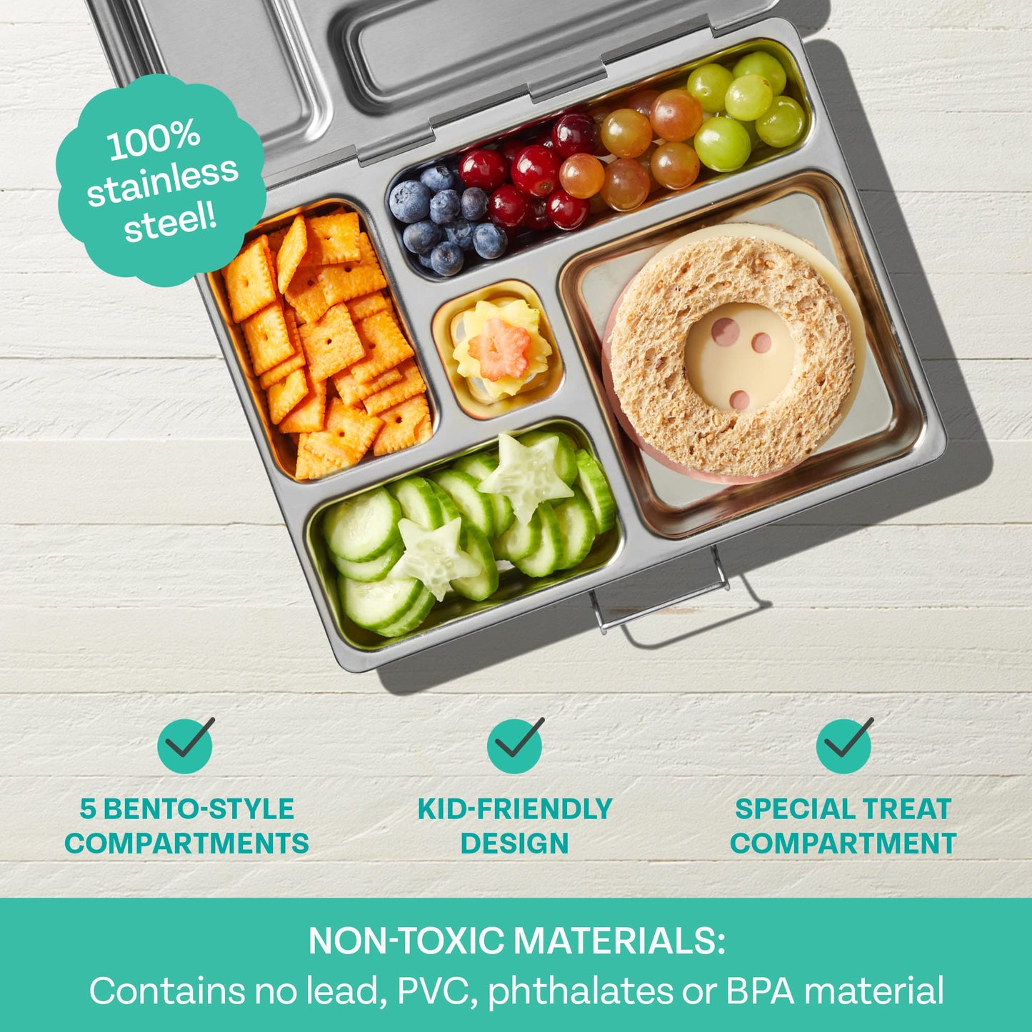 PlanetBox Rover Stainless Steel Bento Box Style Lunch Box for Kids with 5 Compartments – Durable, Dishwasher Safe and BPA-Free Food Container