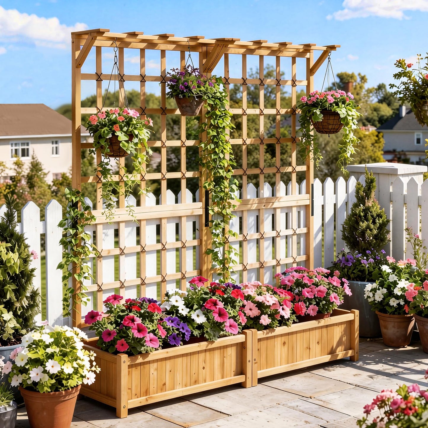 Aoxun 108" Wooden Raised Garden Bed with Trellis & Hanging Roof, 3-Piece Plant Planter Boxes for Climbing Vines, Flowers & Plants