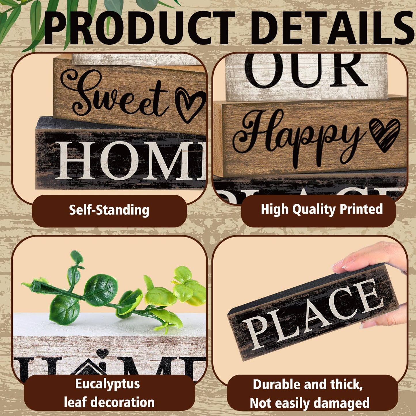 Briwooody 4 Pcs Farmhouse Wooden Table Decor Reversible Sweet Home Tiered Tray Decor Rustic Eucalyptus Leaves Wood Block Sign Gifts for Home Table Kitchen Shelf Decoration