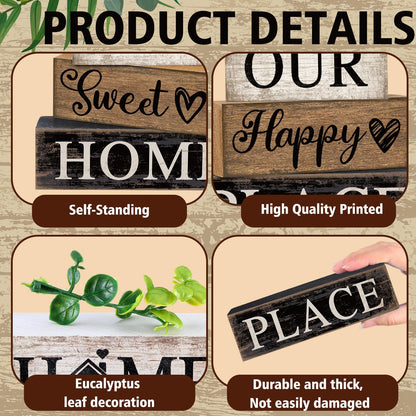 Briwooody 4 Pcs Farmhouse Wooden Table Decor Reversible Sweet Home Tiered Tray Decor Rustic Eucalyptus Leaves Wood Block Sign Gifts for Home Table Kitchen Shelf Decoration