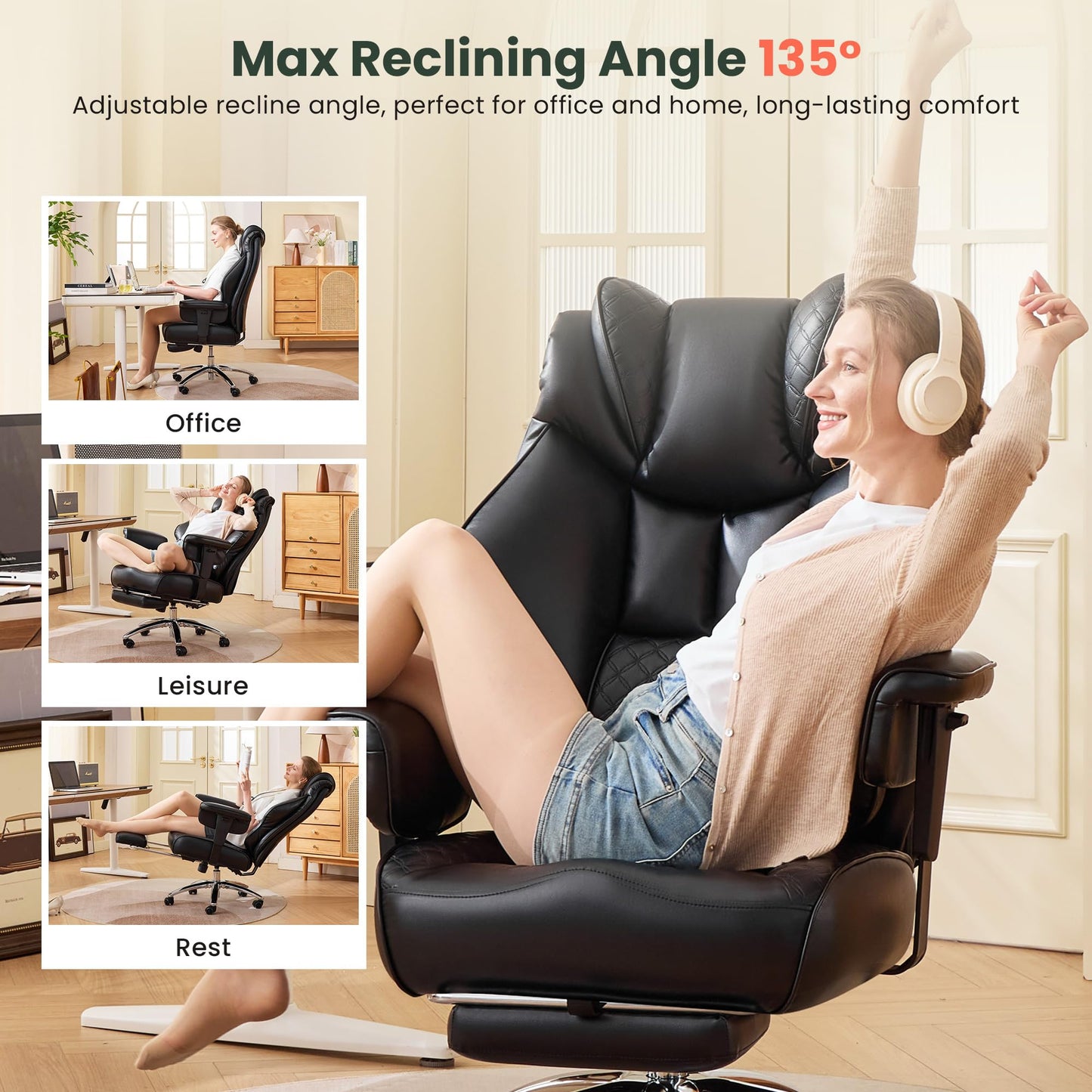 Cloomey 500lbs Big and Tall Office Chair Adjustable Lumbar Support, Extra Wide Seat Ergonomic Gaming Chair with Footrest, Heavy Duty High Back Executive Leather Computer Desk Chair