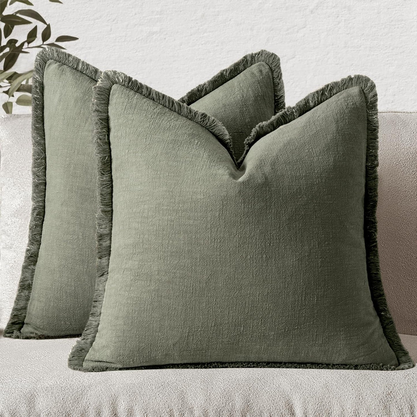 MIULEE Christmas Decorative Throw Pillow Covers Neutral Linen Fringe Fall Throw Pillows Set of 2 Natural Beige Boho Farmhouse Cushion Covers with Tassels for Couch Sofa Bed Home Decor 20x20 Inch