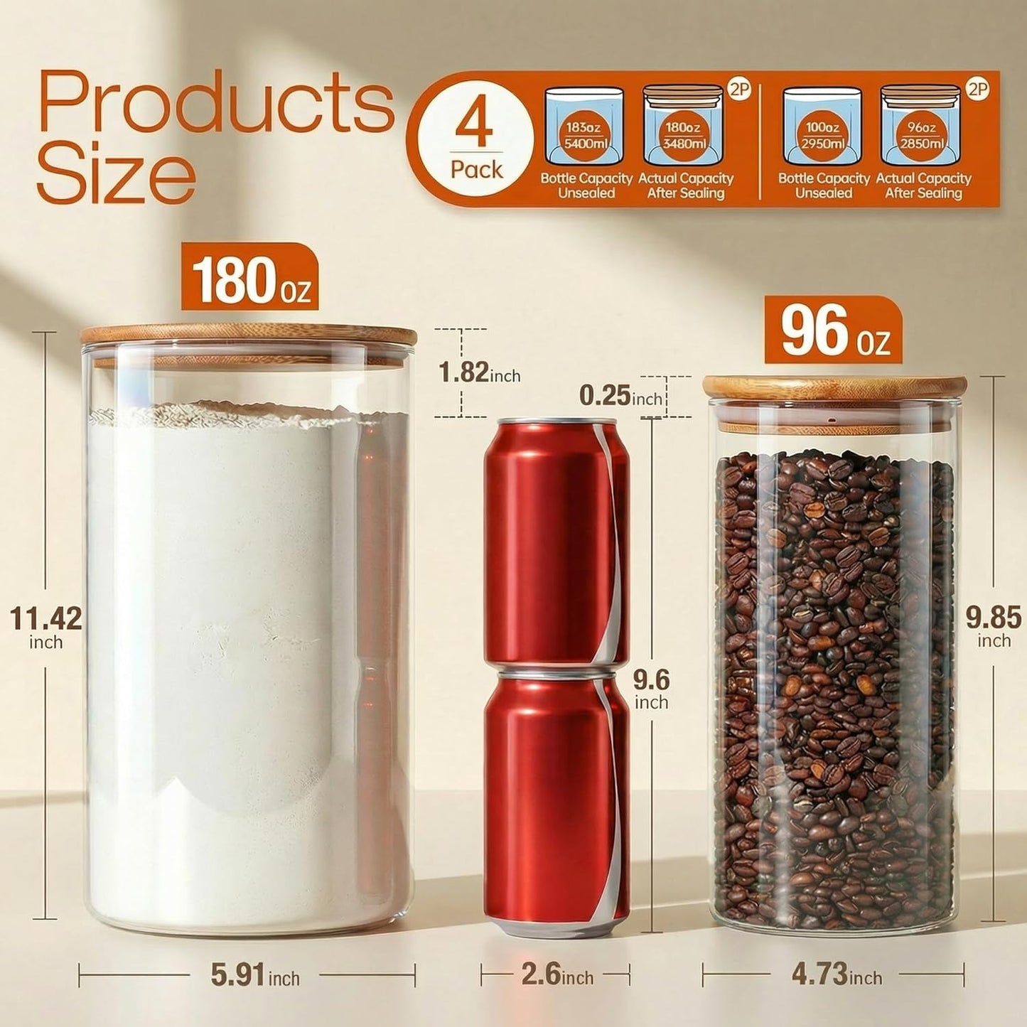 180oz x2 93oz x2 [Set 4], HomArtist Large Glass Flour and Sugar Containers & of Glass Food Storage Containers