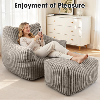 HarborHue Giant Bean Bag Chair with Ottoman, Oversized Memory Foam Bean Bag Sofa for Adults and Kids, Large Comfy Fluffy Single Lounges Mini Couch for Living Room, Bedroom & Dorm(Taupe)