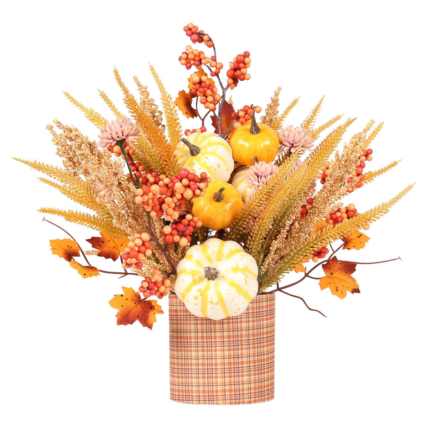 SY Super Bang Fall Decor, 12" Artificial Yellow/White Pumpkin Berry Maple Tree Table Decorations, for Autumn Halloween Thanksgiving Home Farmhouse Harvest Holiday Party Centerpieces Decor.
