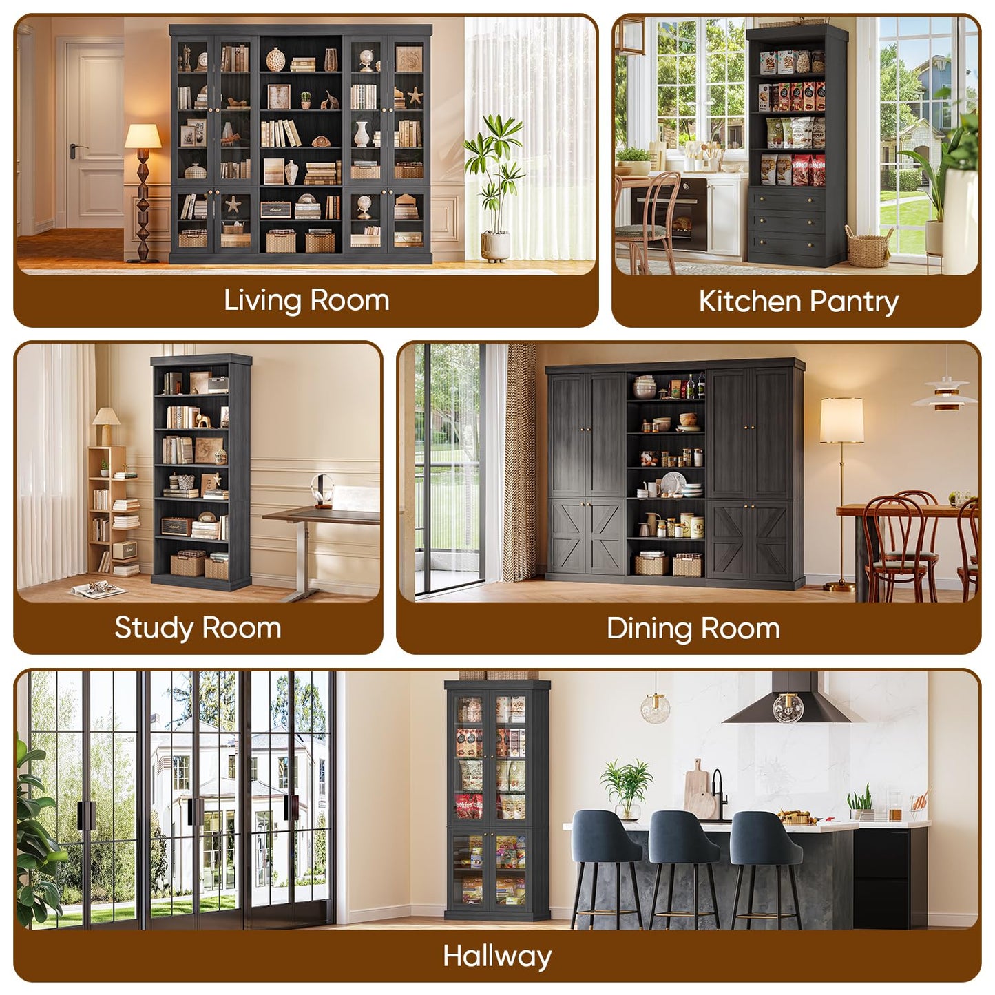 Lynsunix 70.8" Modular Bookshelf–Farmhouse Style, 6 Adjustable Tiers Shelves, Spacious Storage Cabinet for Home Office or Living Room, Black