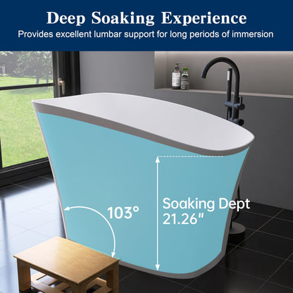 MEDUNJESS 51'' Japanese Soaking Tub Freestanding Bathtub Resin Stone Bathtubs Deep soaking Tub with Overflow and Pop-up Drain - White