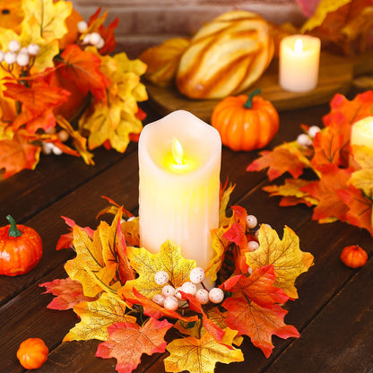 Hotop Fall Candle Rings Thanksgiving Day Ring Holder with Maple Leaves Wreath Mini Autumn Artificial for Home Table Decoration Centerpiece (4 Pieces), White