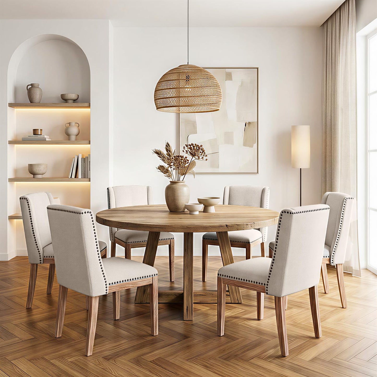 MALOL Upholstered Dining Chairs Set of 6, Premium Fabric Accent Chairs with Nailhead Trim, Curved Backrest & Solid Wood Legs for Dining Room, Kitchen & Living Space, Beige