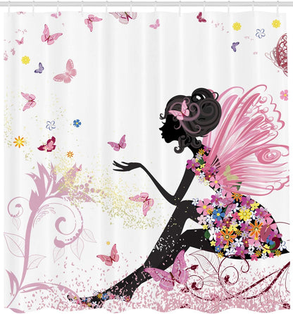 Ambesonne Girls Shower Curtain, Pink Butterfly Girl with Floral Dress, Fabric Bathroom Decor Set, 84 Inches