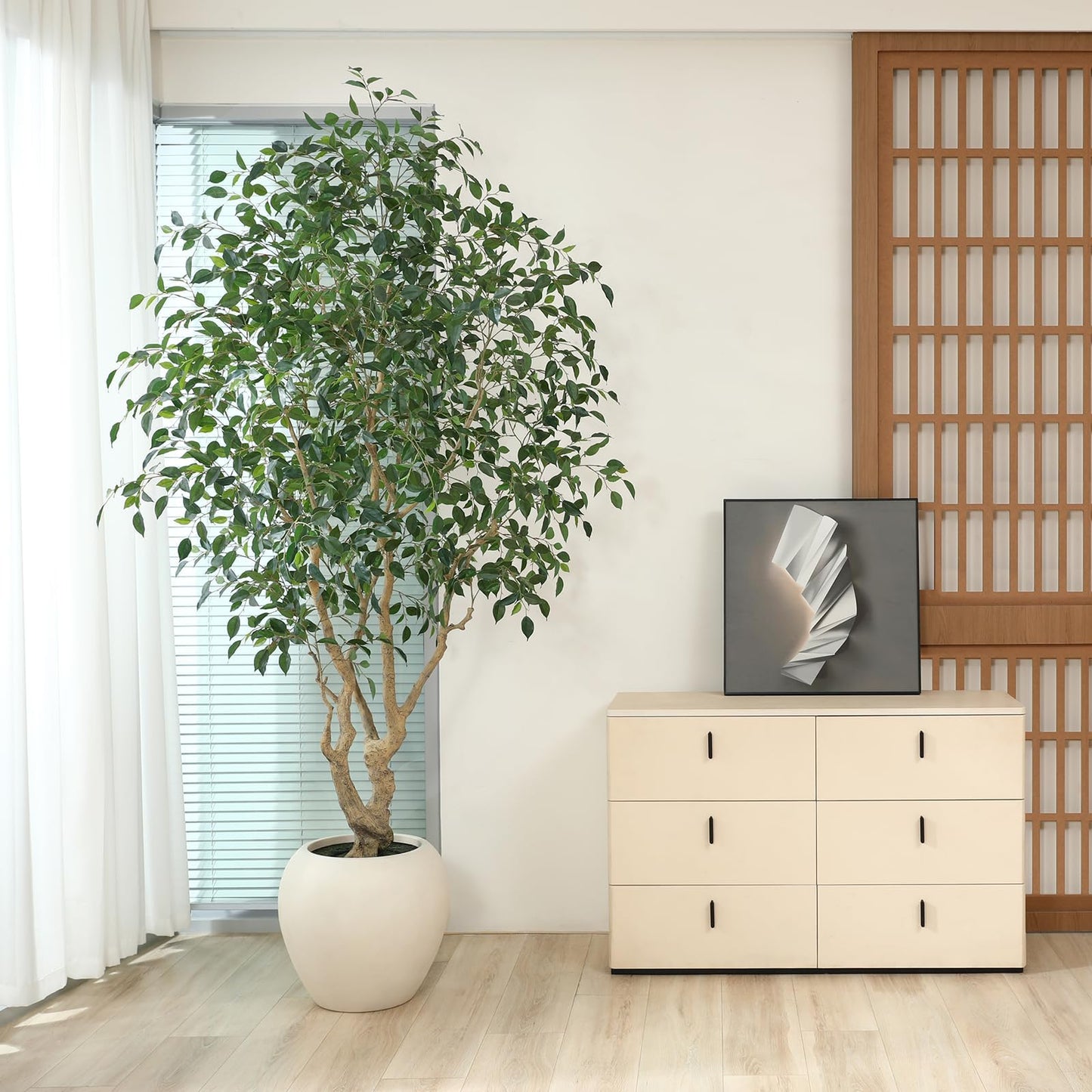 SOGUYI Ficus Tree Artificial Indoor, 8 Feet Tall Faux Ficus Tree with Round Artisan Planter, Premium Handmade, Realistic Trunk & Lifelike Leaves, Perfect for Large Spaces & Elegant Home/Office Decor