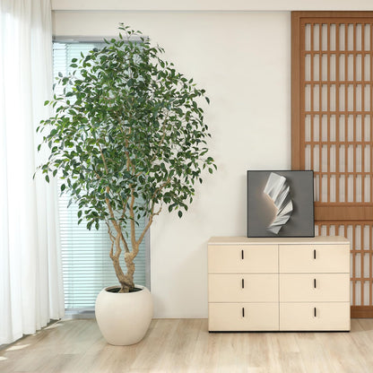 SOGUYI Ficus Tree Artificial Indoor, 8 Feet Tall Faux Ficus Tree with Round Artisan Planter, Premium Handmade, Realistic Trunk & Lifelike Leaves, Perfect for Large Spaces & Elegant Home/Office Decor