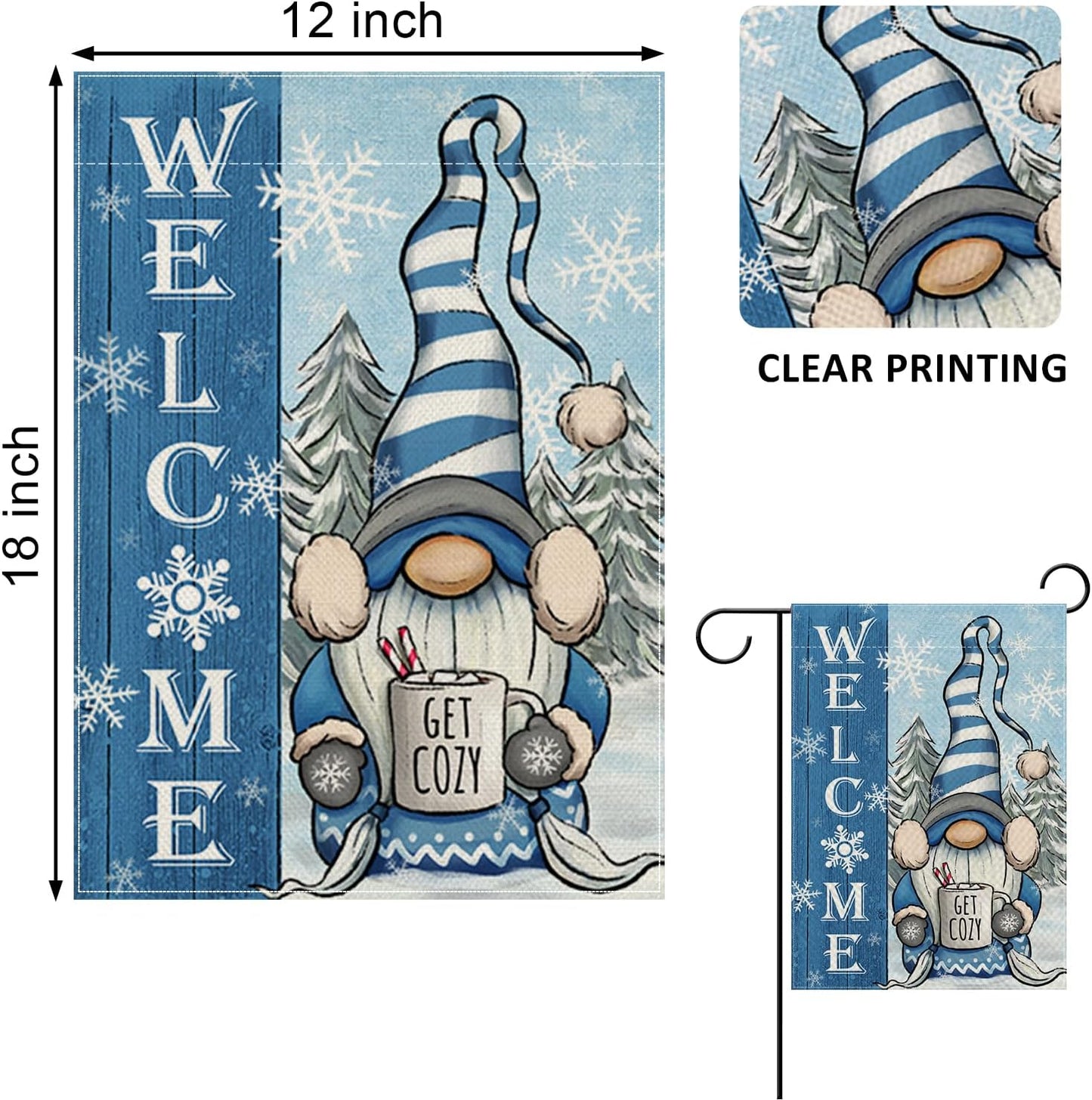 Welcome Winter Gnome Decorative Garden Flag, Blue Christmas Holiday Seasonal Burlap, 12 x 18 Double Sided Yard Decor