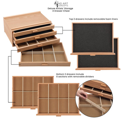 HG Art Concepts 4-Drawer Artist's Chest Craft Storage Box, Natural Birch Finish, Foam-Lined Drawers for Brushes, Removable Dividers, Sturdy Wood Construction, Stackable Solution