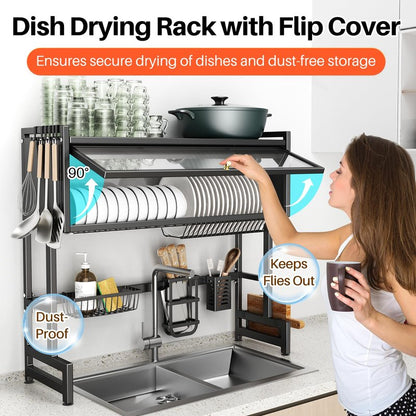 Over The Sink Dish Drainer Drying Rack 3 Tiers with Cover, Keep Kitchen Sink Shlef Organized Space-Saving Dish Drying Rack, Large Stainless Steel Sink Dish Rack for Dishes, Bowls, Cutlery (37.4"w)