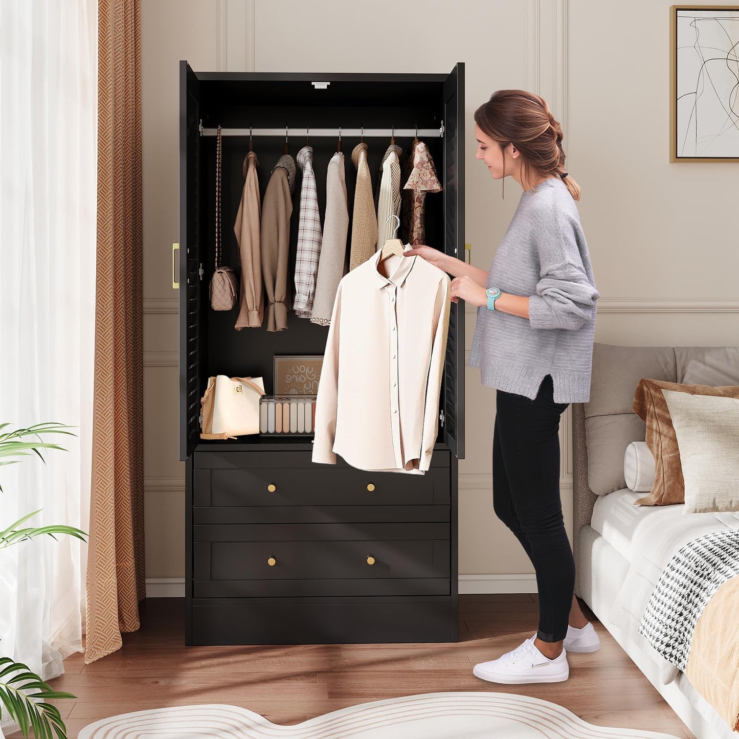 Garvee 65" Louvered Armoire Wardrobe Closet with 2 Doors and 2 Drawers, Large Capacity Storage, Wooden Wardrobe Cabinet with Hanging Rod for Bedroom, Cloak Room, Laundry Room, Entrance Hall, Black