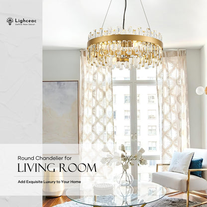 lighceac 21.7" Gold Modern Crystal Chandelier Light Fixtures Luxury 2 Rings Crystal Chandeliers for Dining Room 12-Light Round Hanging Pendant Lighting for Living Room Kitchen Island Entryway Bedroom