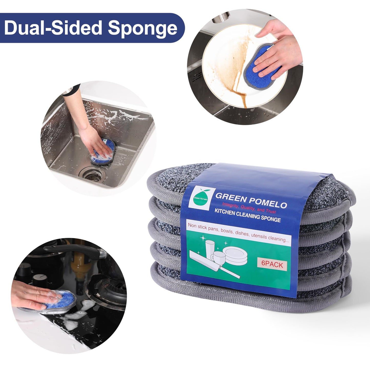 Multipurpose Sponges Kitchen,6 Pack Reusable Non-Scratch Scrub Sponge,Rough Scrubbers Side for Pots and Pans,Soft Microfiber Scrub Side for Washing Dishes