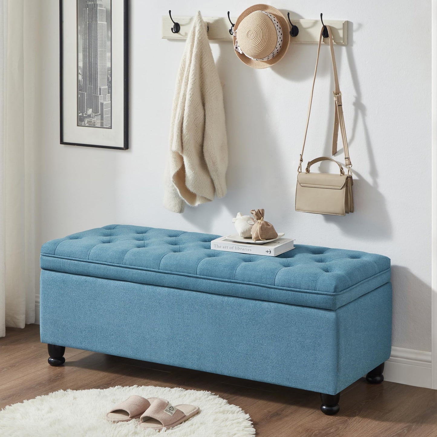 ACQCA Upholstered Ottoman with Storage,Entryway Bench with Tufted Buttons and Spindle Wooden Legs for Living Room,Bedroom,Light Blue