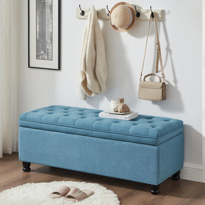 ACQCA Upholstered Ottoman with Storage,Entryway Bench with Tufted Buttons and Spindle Wooden Legs for Living Room,Bedroom,Light Blue