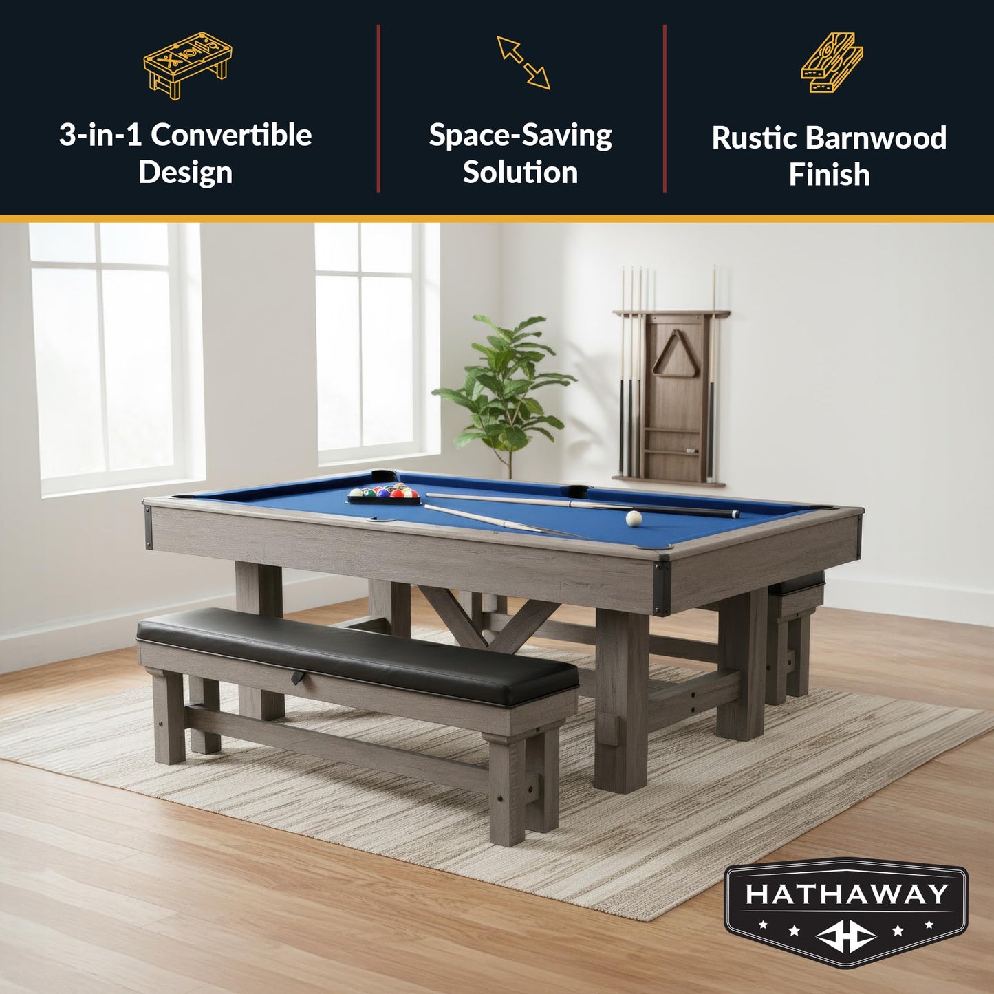 Hathaway Logan 7 Foot Pool Table Combo with Benches – Billiard Table with Ping Pong and Dining Tops – Comes with Complete Game Accessories and Built-In Storage - Rustic Gray Barnwood Finish, Blue Felt