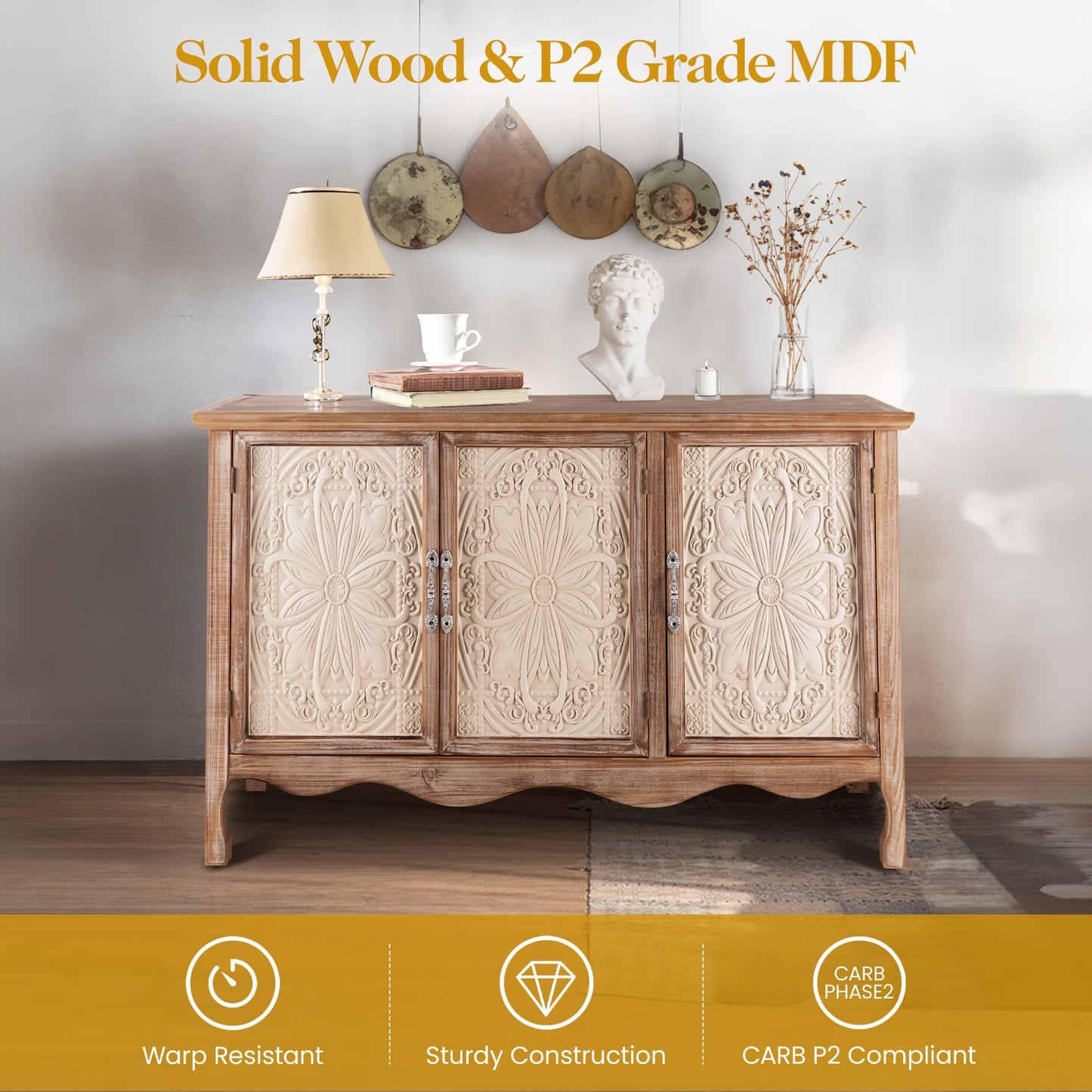 FansaFurn Accent Storage Cabinet with 3 Carved Doors and Shelves, Farmhouse Sideboard Buffet Sideboard with Storage, Wood Kitchen Cabinet for Living Room, Entryway, Dining Room and Kitchen, Natural