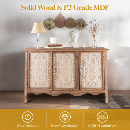 FansaFurn Accent Storage Cabinet with 3 Carved Doors and Shelves, Farmhouse Sideboard Buffet Sideboard with Storage, Wood Kitchen Cabinet for Living Room, Entryway, Dining Room and Kitchen, Natural