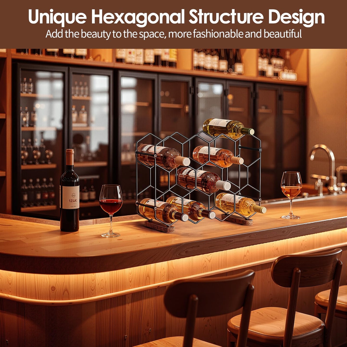 Nuovoware Countertop Wine Rack, 14-Bottle Freestanding Modern Carbon Steel Holder Hexagonal Structure, 3 Tier Tabletop Wine Bottle Organizer Storage for Cabinet, Pantry, Black+Retro Brown