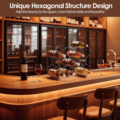 Nuovoware Countertop Wine Rack, 14-Bottle Freestanding Modern Carbon Steel Holder Hexagonal Structure, 3 Tier Tabletop Wine Bottle Organizer Storage for Cabinet, Pantry, Black+Retro Brown