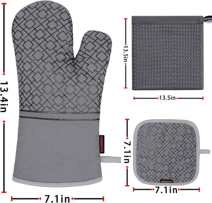 Oven Mitts and Pot Holders Set, 6pcs High Heat Resistant 550 Degree Oven Gloves with Non-Slip Silicone Surface
