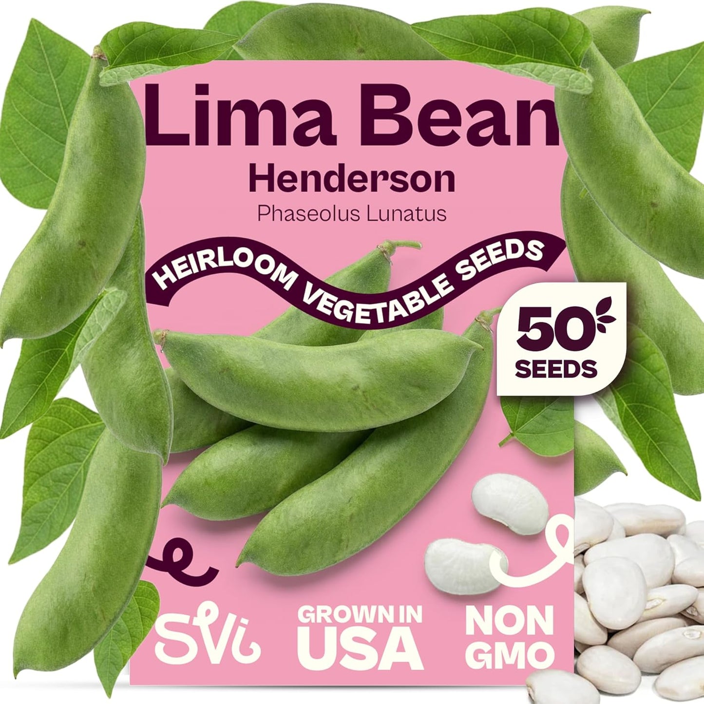 50 Packets, SVI Henderson Lima Bean Seeds (Phaseolus lunatus) Bush Baby Lima Beans Seed Green Beans Heirloom Vegetable