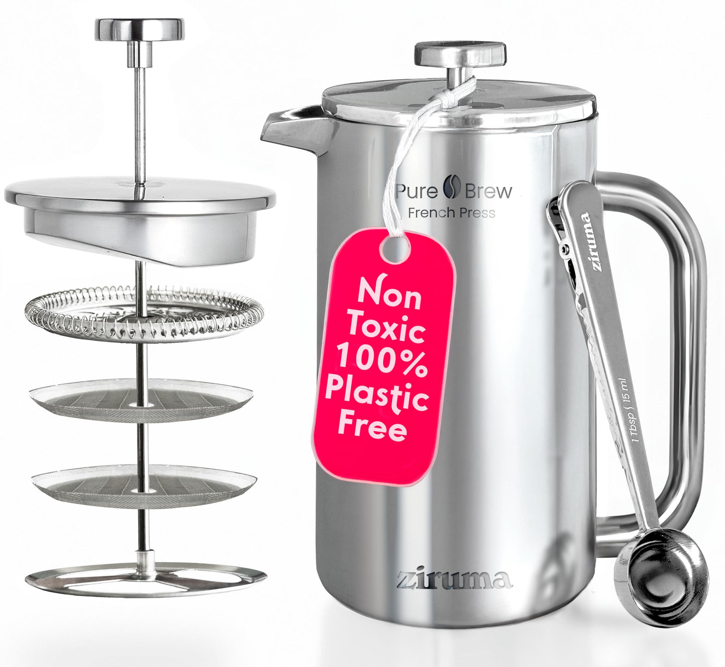 Ziruma Non-Toxic French Press, Surgical Stainless Steel Coffee Press, Plastic-Free, Heavy Metal-Free, No Endocrine Disruptors, 34 Oz, Double Wall, 4-Layer Filter, Portable Coffee Maker