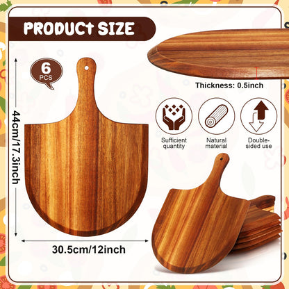 Dandat 6 Pcs Acacia Wood Pizza Peel with Handles 12 Inch Wooden Spatula Paddle Round Pizza Cutting Board Cheese Serving Tray for Meat Bread Charcuterie Deli
