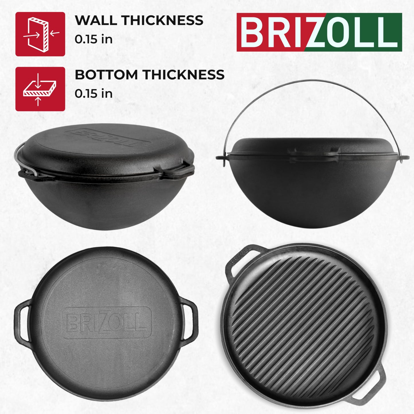 Camping Dutch Oven Pot with Grill Lid Brizoll 15.85 Quarts (15 L) - Cast Iron Cookware Set - Kazan for Plov - Uzbek Kazan Cast Iron - Premium Camping Cookware - Asian Cauldron - Dutch Oven With Frying Pan Lid