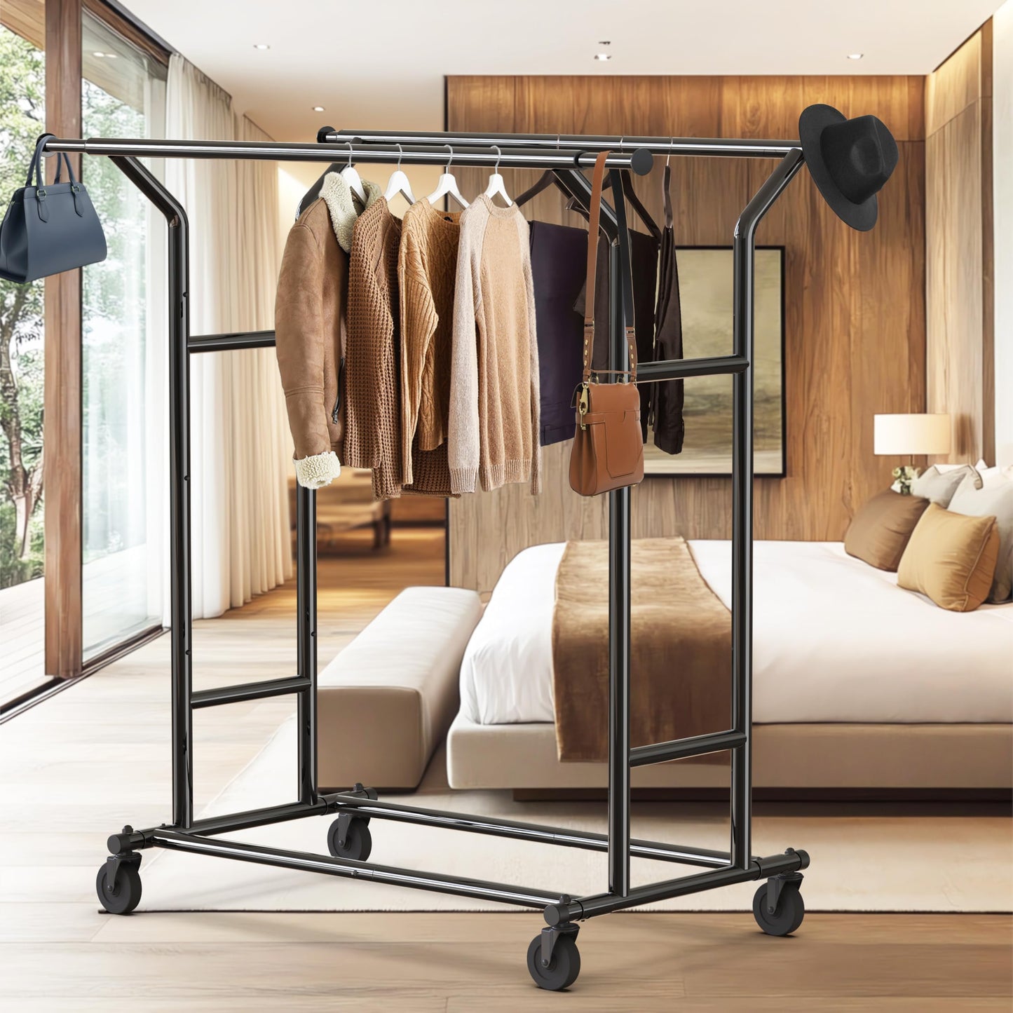 Simple Houseware Heavy Duty Double Rail Clothing Garment Rack, Holds Up to 200 lbs, 43 to 67 Inches Extendable Rod, Black