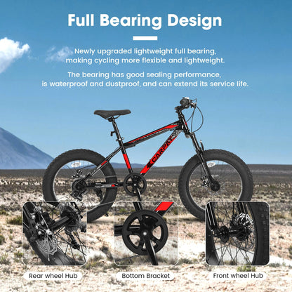 richvelo 20 Inch Mountain Bike for Kids and Teenagers, High Carbon Steel Frame, Disc Brakes, Durable Wide Tires, Front Suspension, 7-Speed, Ideal for Snow and Off-Road Riding