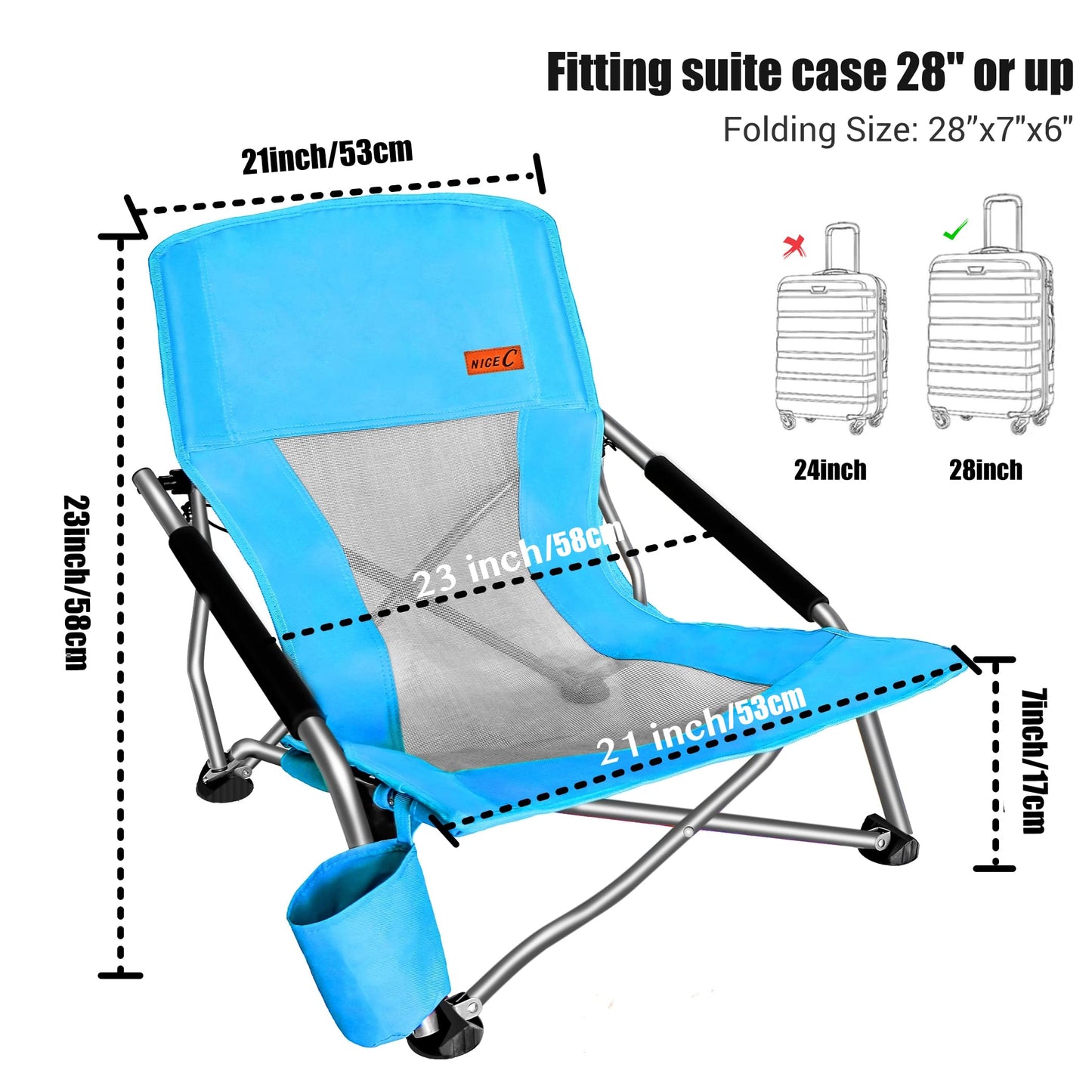 Nice C Low Beach Camping Folding Chair, Ultralight Backpacking Chair with Cup Holder & Carry Bag Compact & Heavy Duty Outdoor, Camping, BBQ, Beach, Travel, Picnic, Festival (Set of 1 Blue)