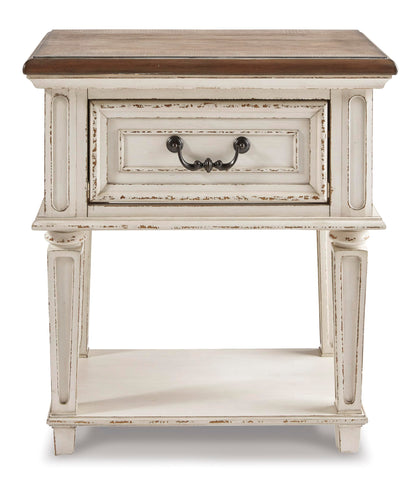 Signature Design by Ashley Realyn Traditional Cottage 1 Drawer Nightstand with Dovetail Construction & Open Display Shelf, Chipped White, 27" Tall, Distressed Brown