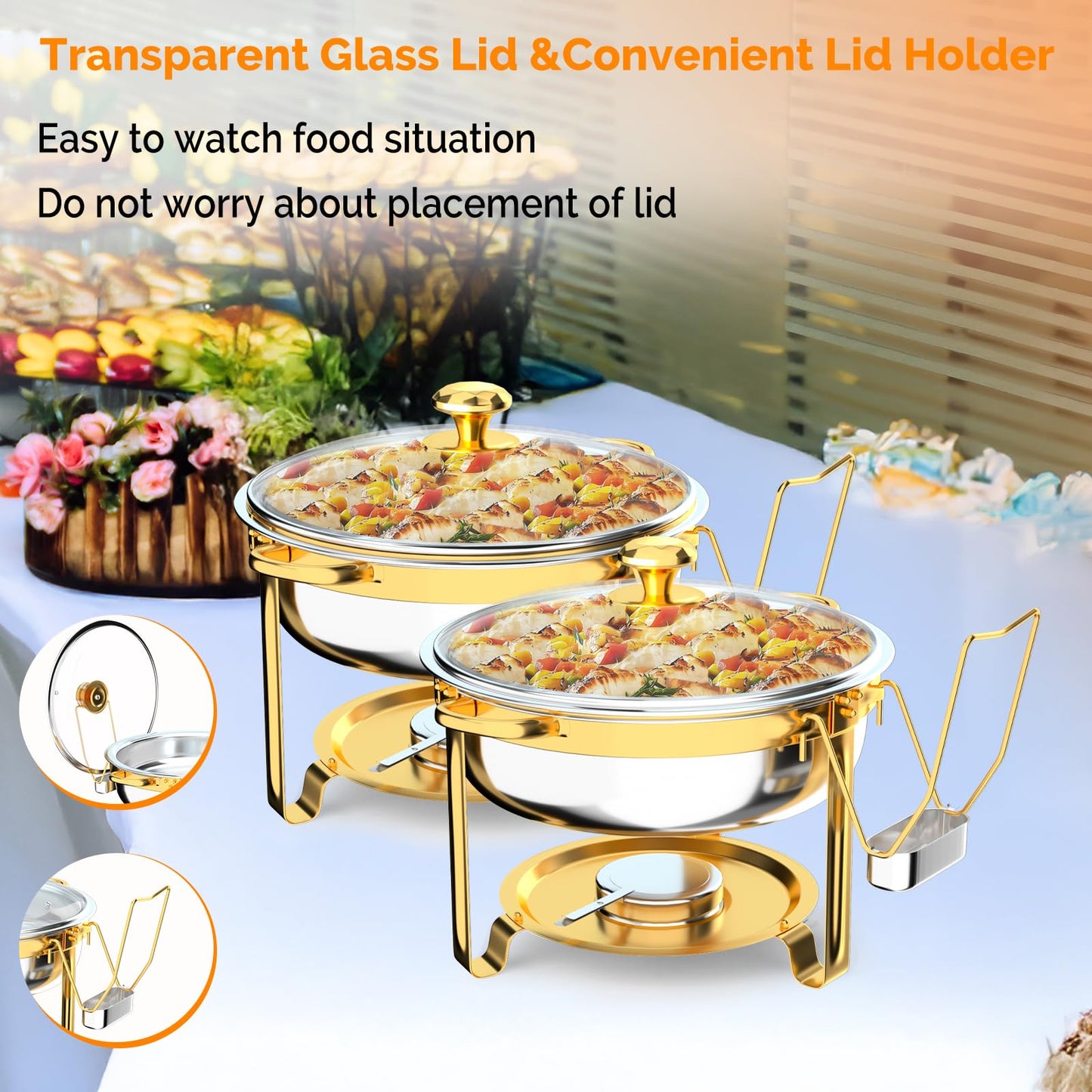 ROVSUN Chafing Dishes for Buffet 8Pack, 6QT Round Chafing Dish Buffet Set with Glass Lid & Lid Holder, Stainless Steel Chafers and Buffet Warmers Sets for Party Wedding Catering Events, Gold
