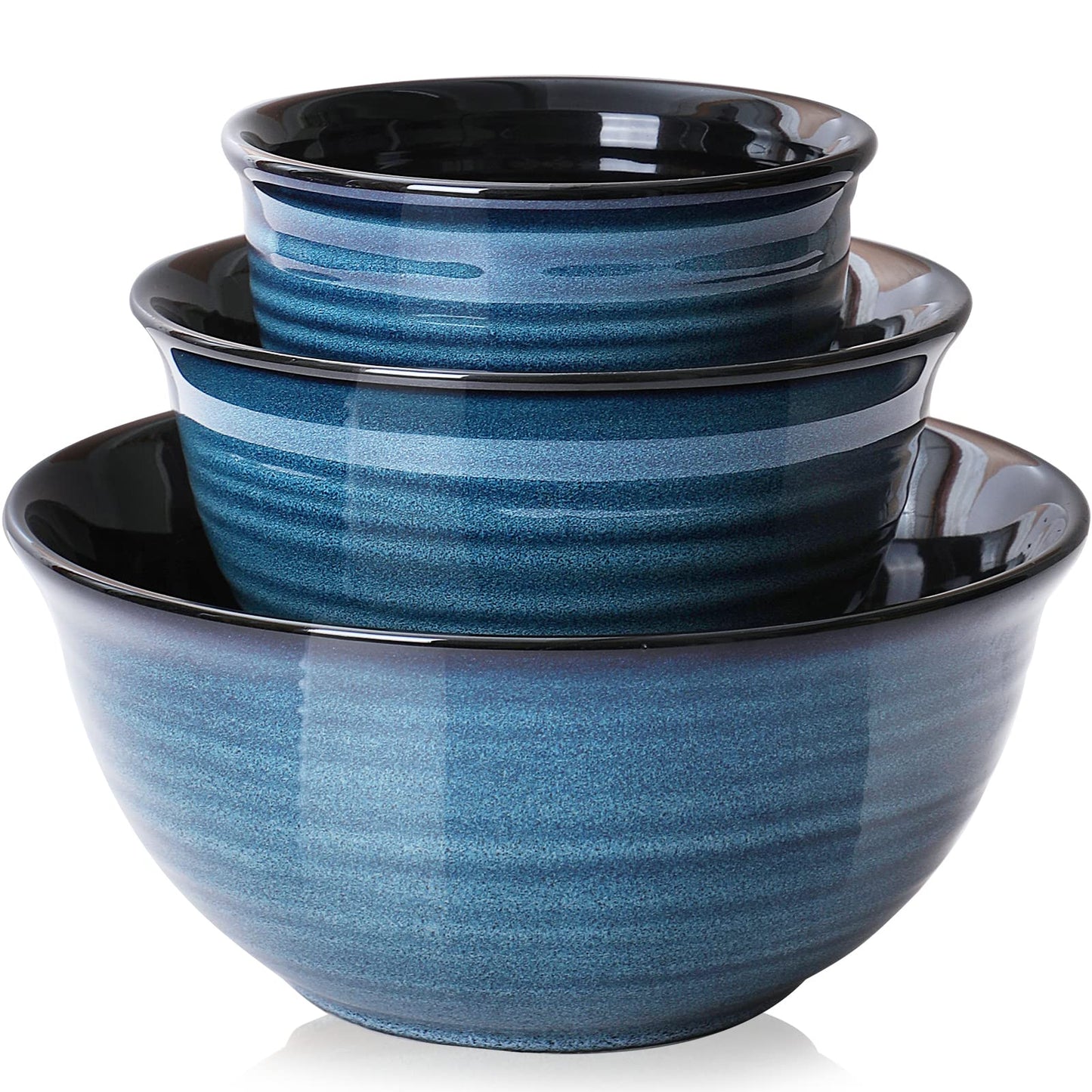 HASENSE Ceramic Mixing Bowls Set for Kitchen, Handmade Serving Dishes for Entertaining, 2.1/1.0/0.5 Qt Deep Microwave Safe Nesting Bowls for Storage and Baking, Blue