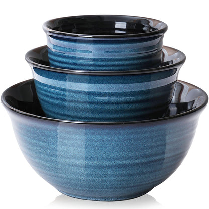 HASENSE Ceramic Mixing Bowls Set for Kitchen, Handmade Serving Dishes for Entertaining, 2.1/1.0/0.5 Qt Deep Microwave Safe Nesting Bowls for Storage and Baking, Blue