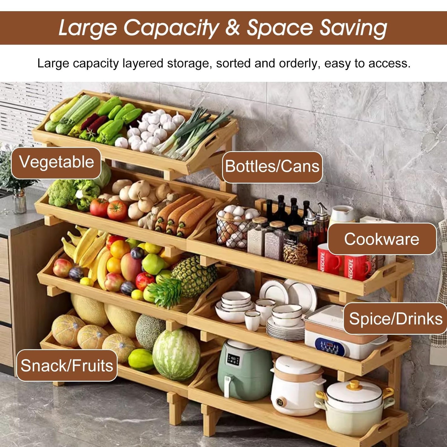 NYTFHMS Wooden Fruit and Vegetable Storage Basket, 4 Tier Commercial Retail Rack Display Stand for Home Kitchen Pantry, Free Standing Snack Shelf,B-(4 Tier) 66cm/26in W