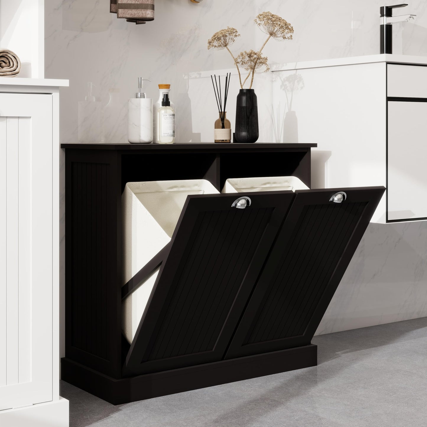 Two Compartment Tilt Out Laundry Sorter Cabinet Black