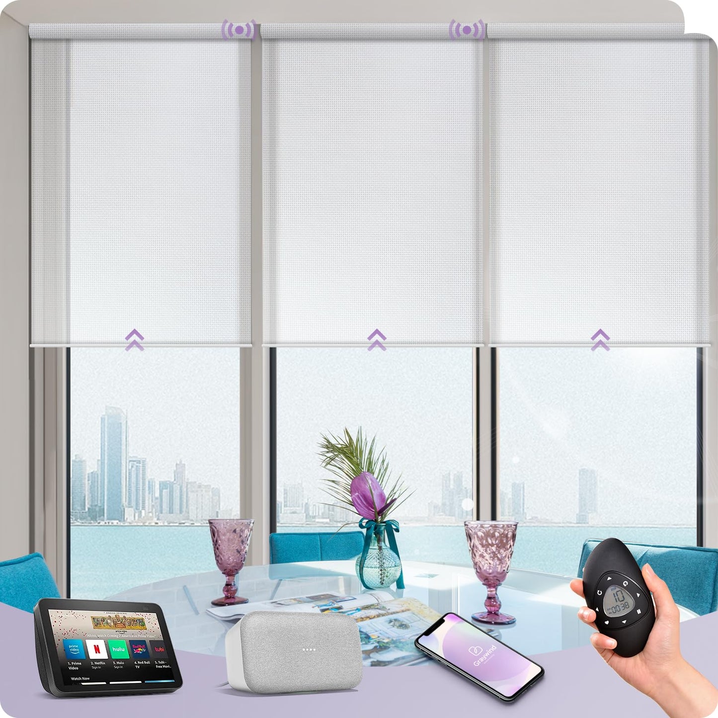 Graywind Motorized Solar Shades Compatible with Alexa Google Remote Electric Window Shade Fireproof Smart Roller Blinds with Valance for Home Office Patio, Custom Size (5% Openness White)