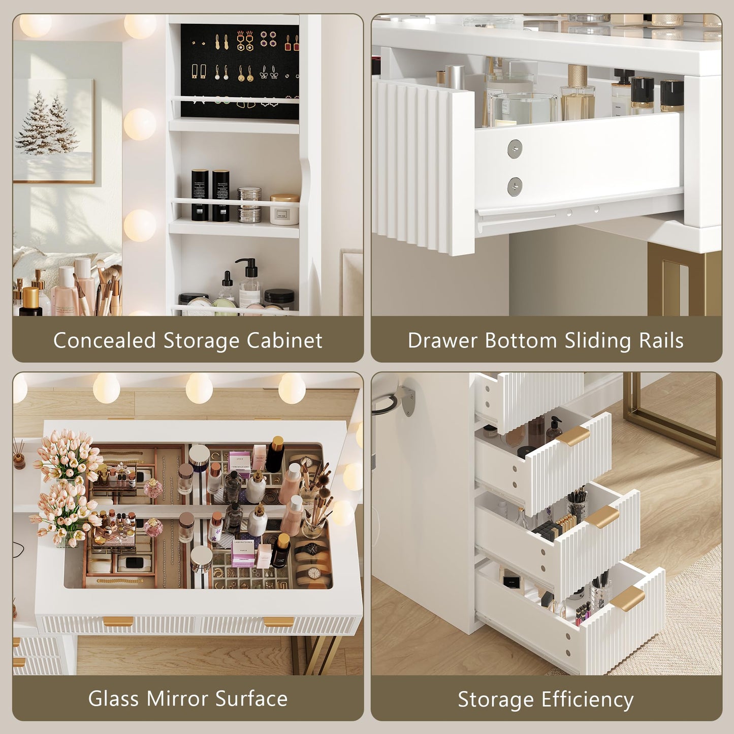 Feonase Vanity Desk, White 43'' Large Makeup Vanity Desk with Mirror and 12 Lights, 3 Color Modes, Glass Top Makeup Table with 6 Drawers and 2 Side Cabinets, Built in Charging Station