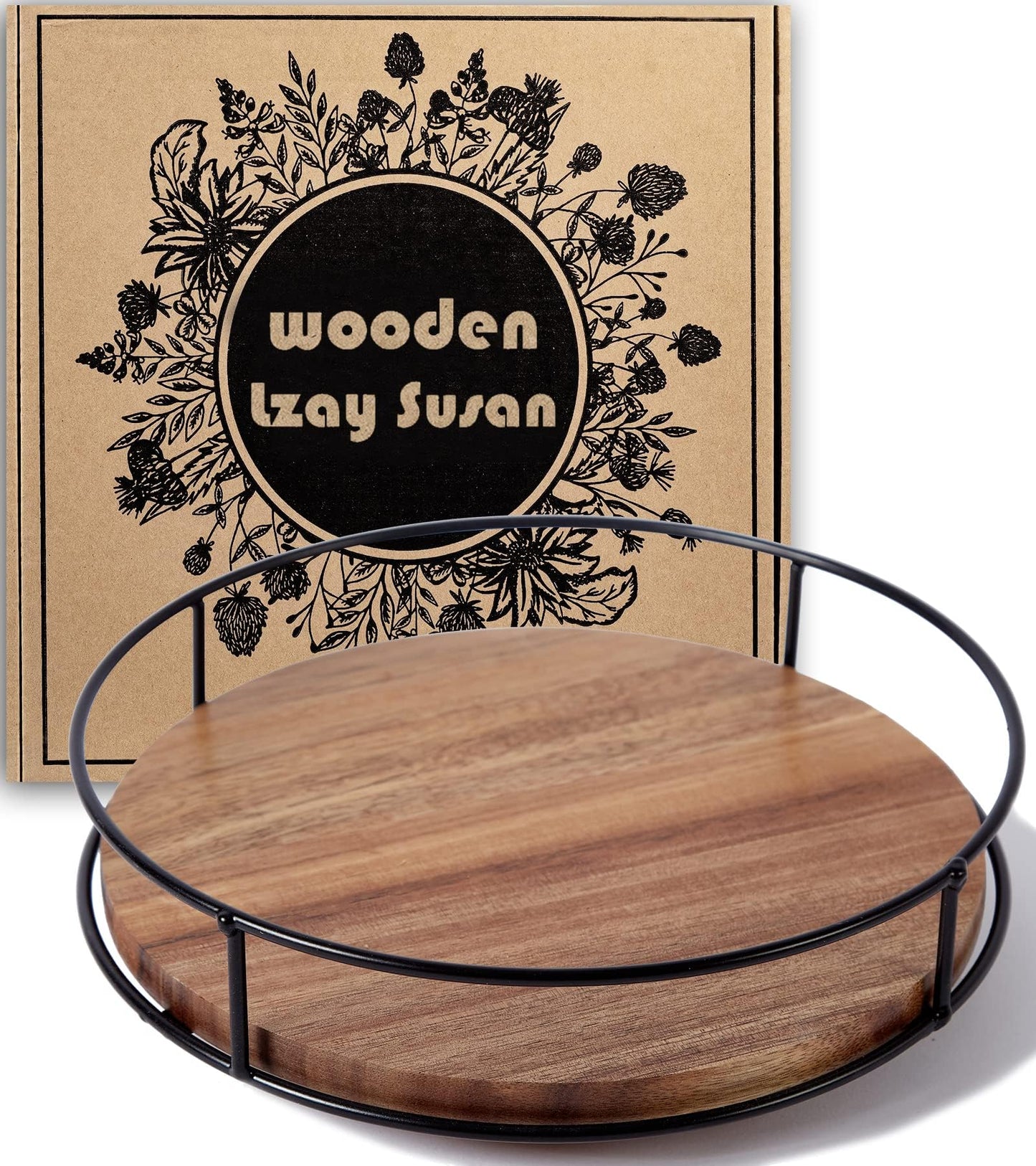 9" Acacia Wood Lazy Susan Turntable, Tomoaza Kitchen Organizer Turntable with Steel Sides, 360 Degree Lazy Susan for Countertop Cabinet or Dining Table