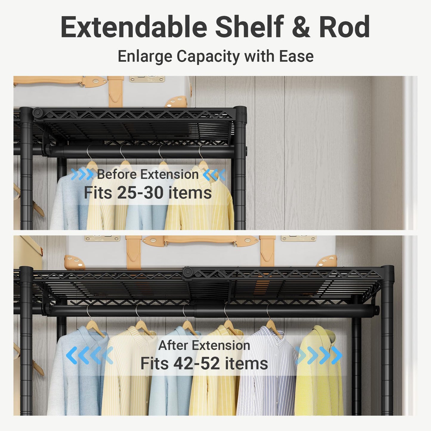 VIPEK X4 Expandable Heavy Duty Clothes Rack, Adjustable from 7'4" to 10'2" with Adjustable Shelves and Hanger Rods, Large Wardrobe Closet Reach-in & Walk-in Closet Metal Clothing Rack, 1530 LBS, Black